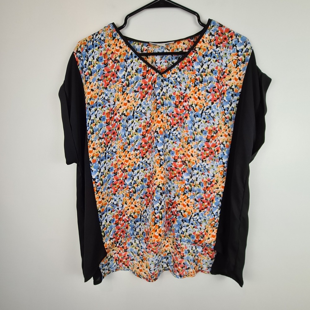 Emaline Petite Women's Hi Lo Chiffon Floral‎ Top XL Coral Black Tunic Top Blouse